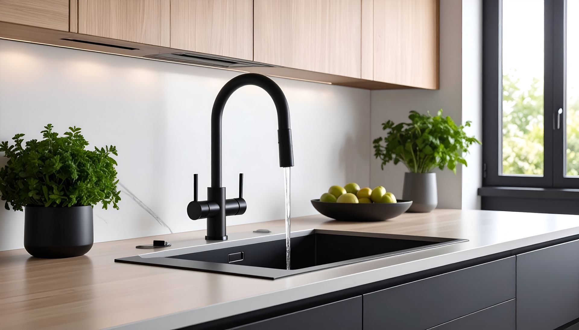 Robinet noir au-dessus d'un évier foncé sur un plan de travail clair, avec des plantes vertes et des placards en bois dans une cuisine.