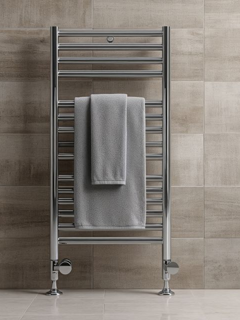 Sèche-serviettes chromé avec serviettes grises, placé contre un mur carrelé.