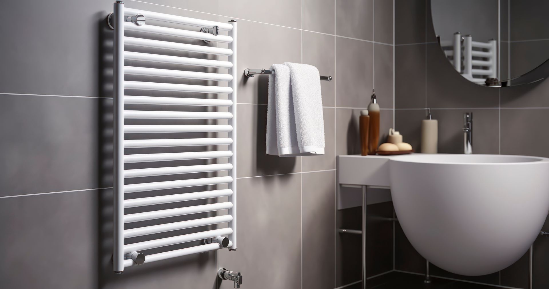 Porte-serviettes chauffant blanc dans une salle de bains moderne aux murs carrelés gris et au lavabo blanc.