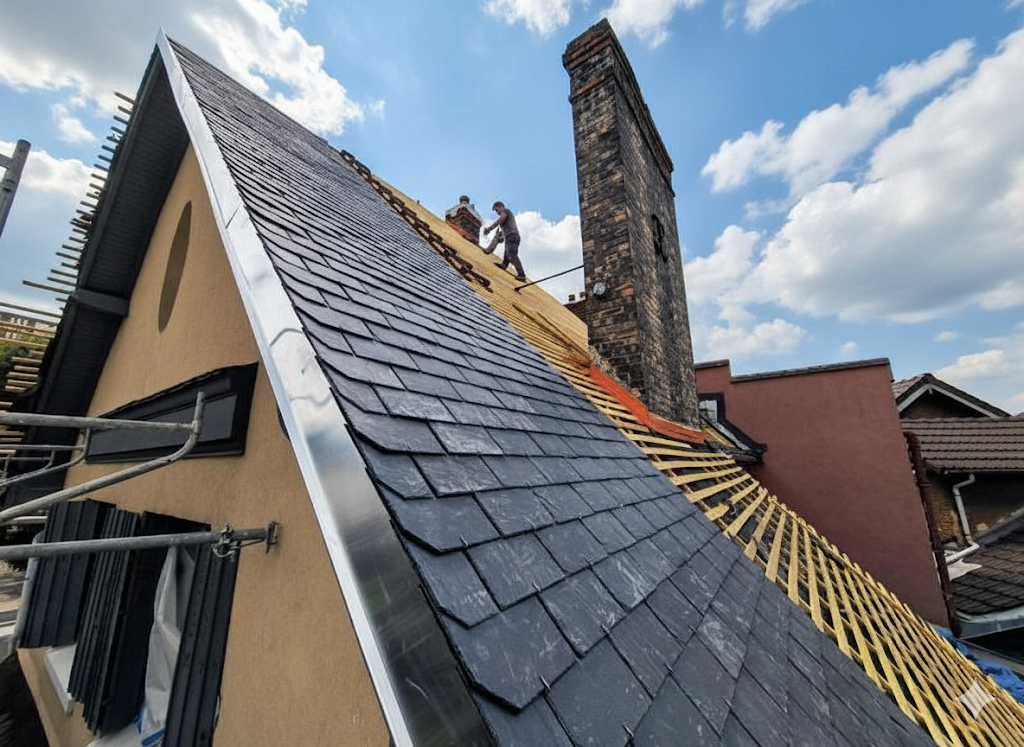 Couvreur installant des tuiles