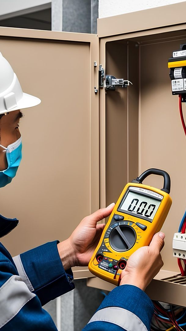 Un électricien en uniforme bleu et casque de chantier teste un tableau électrique avec un multimètre.