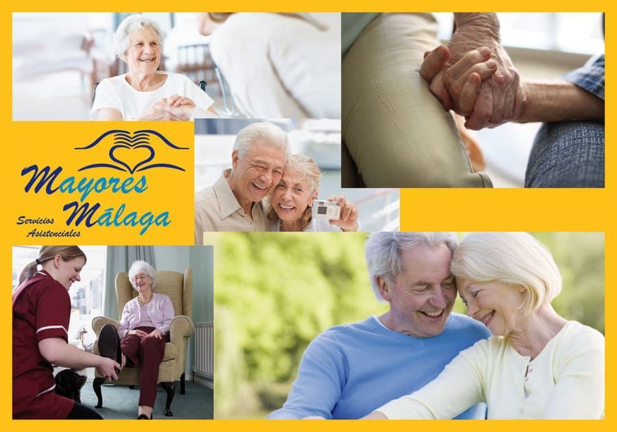 Un collage de fotografías de personas mayores con las palabras mayores malaga en la parte inferior.