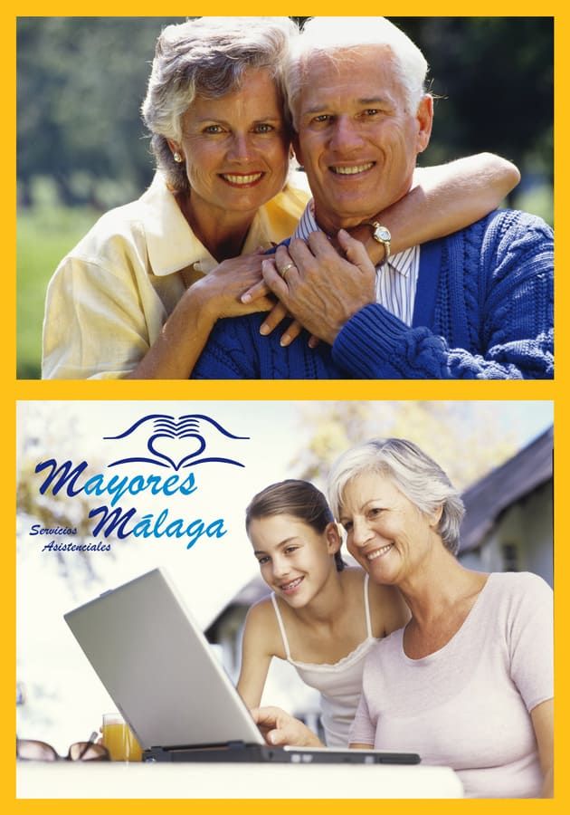 Un cartel de Mayores Málaga muestra a una pareja de ancianos y una niña.