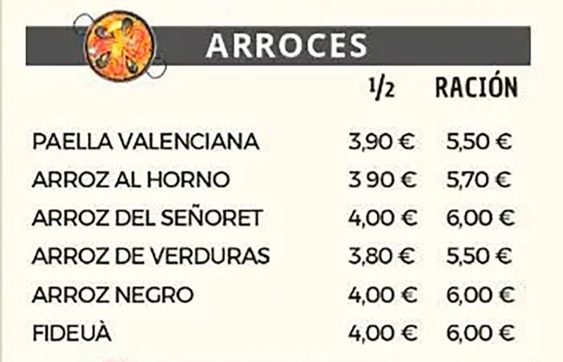 Carta con apartados de entrantes, ensaladas, pastas, pescados, platos de cuchara, carnes, arroces y postres.