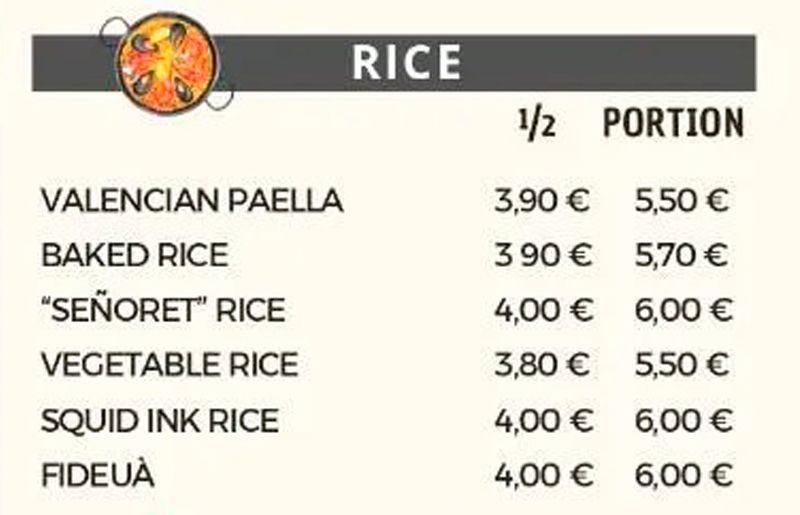Carta con varias categorías de alimentos como entrantes, ensaladas, pastas, carnes y postres, con precios.