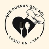 Logotipo con gorro de chef, corazón con utensilios y el texto "¡Qué buenas que bó! Como en casa".