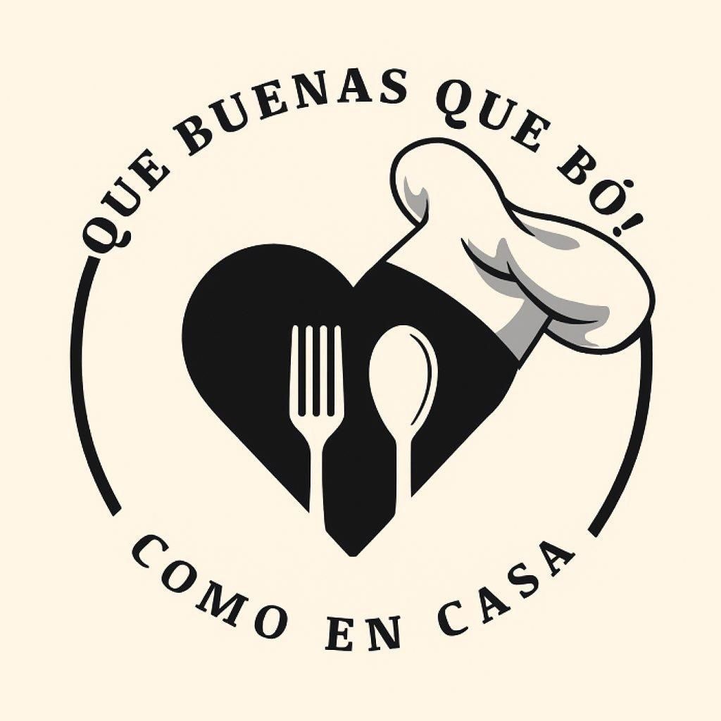 Logotipo con gorro de chef, corazón con utensilios y el texto "¡Qué buenas que bó! Como en casa".