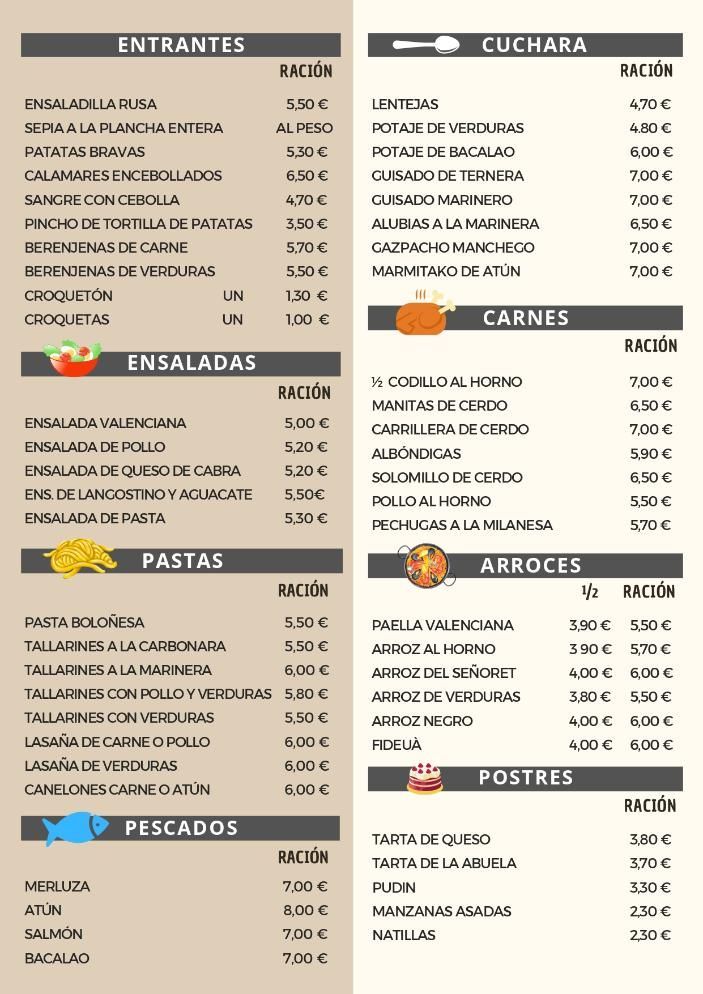 Carta con apartados de entrantes, ensaladas, pastas, pescados, platos de cuchara, carnes, arroces y postres.