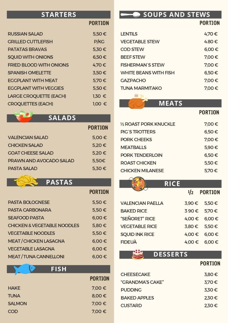 Carta con varias categorías de alimentos como entrantes, ensaladas, pastas, carnes y postres, con precios.