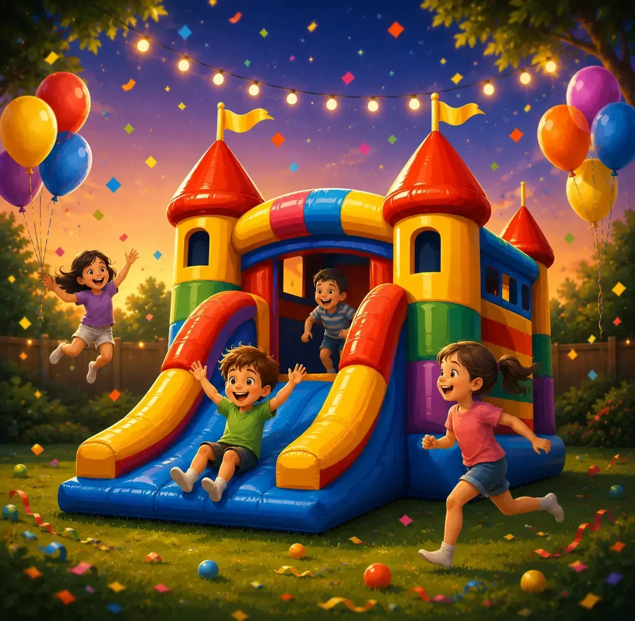 En una fiesta al aire libre con globos y luces, los niños juegan en un colorido tobogán inflable.