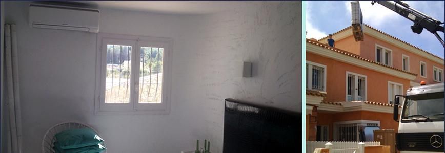 Una imagen de una sala de estar junto a una imagen de un edificio en construcción.