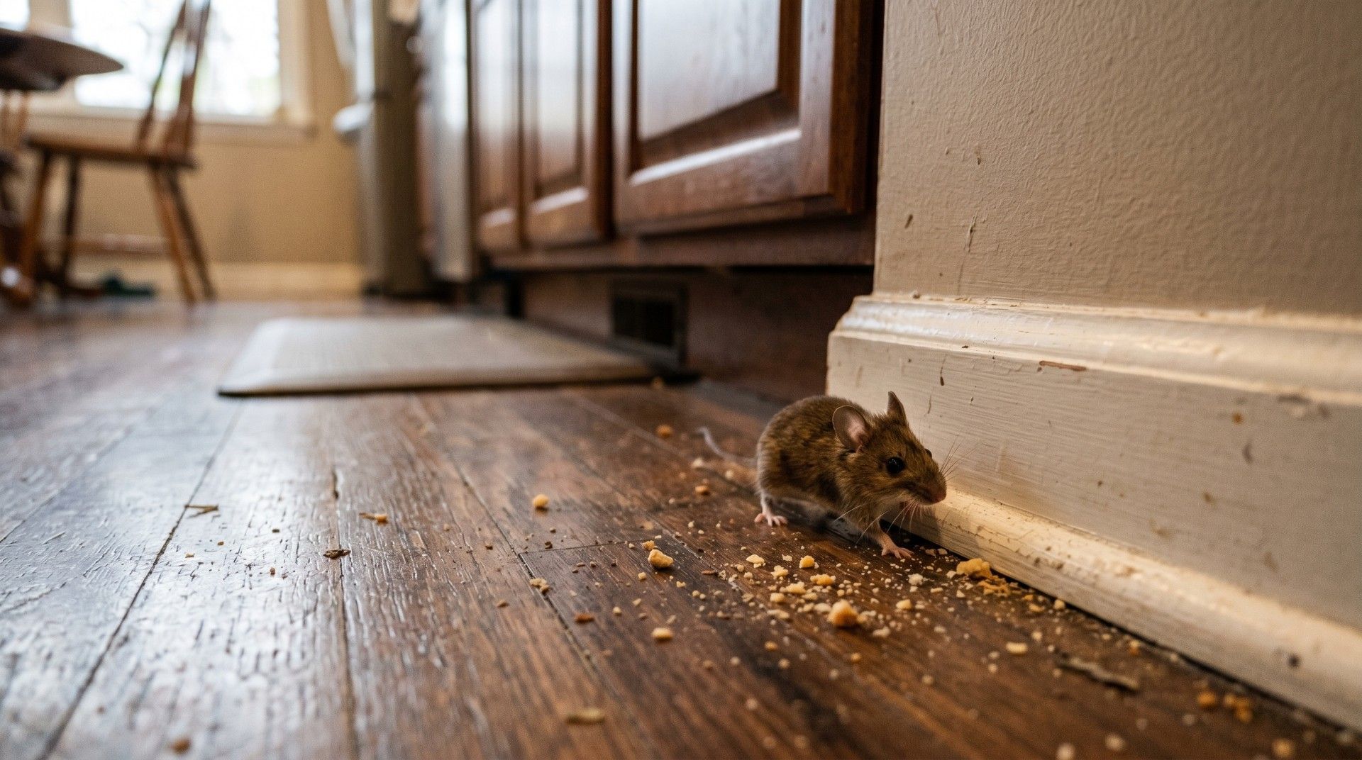 Petite souris sur le sol en bois d’une cuisine, près d’une plinthe, avec des miettes éparpillées autour.