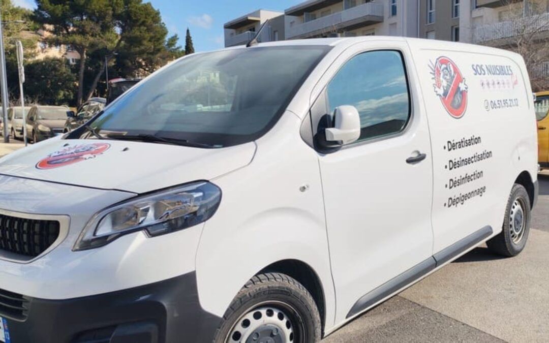 Fourgonnette de service blanche avec logo et coordonnées, garée à l’extérieur près d’un bâtiment en journée
