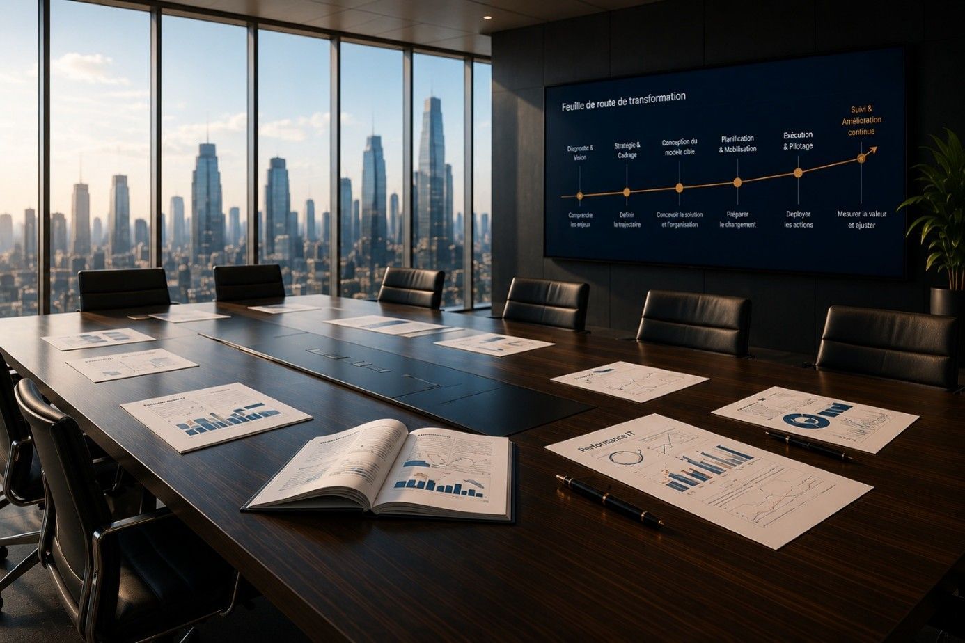 Salle de conférence moderne avec vue sur la ville, longue table, chaises et écran de présentation affichant un graphique.
