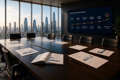 Salle de conférence moderne avec vue sur la ville, longue table, chaises et écran de présentation affichant un graphique.