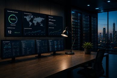 Bureau de trading moderne et sombre avec plusieurs écrans affichant des données, une lampe et une vue sur la ville au crépuscule