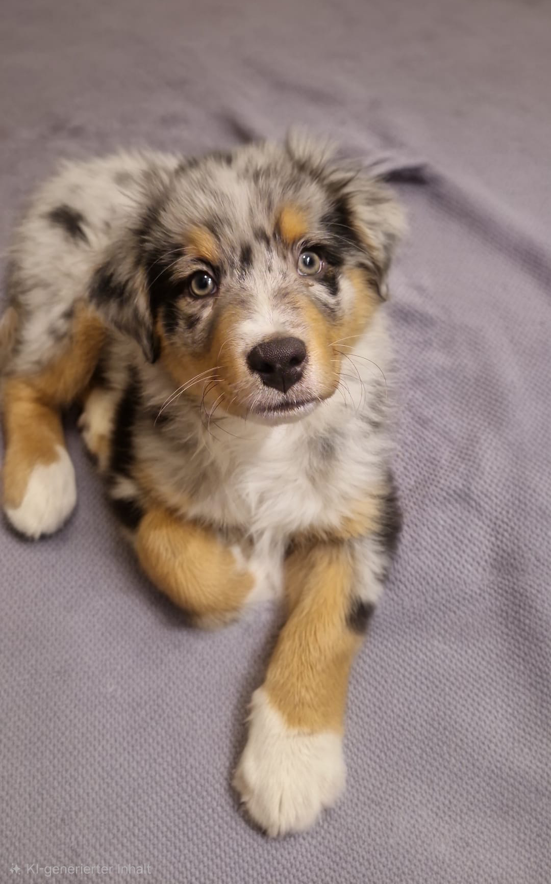 Red Merle Australian Shepherd mit braunen und weißen Markierungen, schaut direkt in die Kamera. Grünes Laub im Hintergrund.