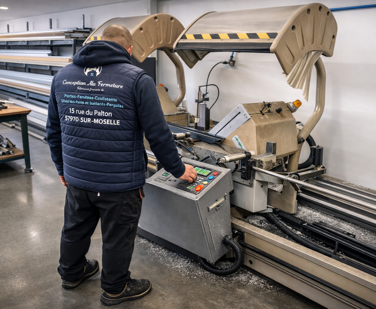 Dans un atelier, un ouvrier utilise une machine industrielle de découpe de métaux dotée de boutons de commande.