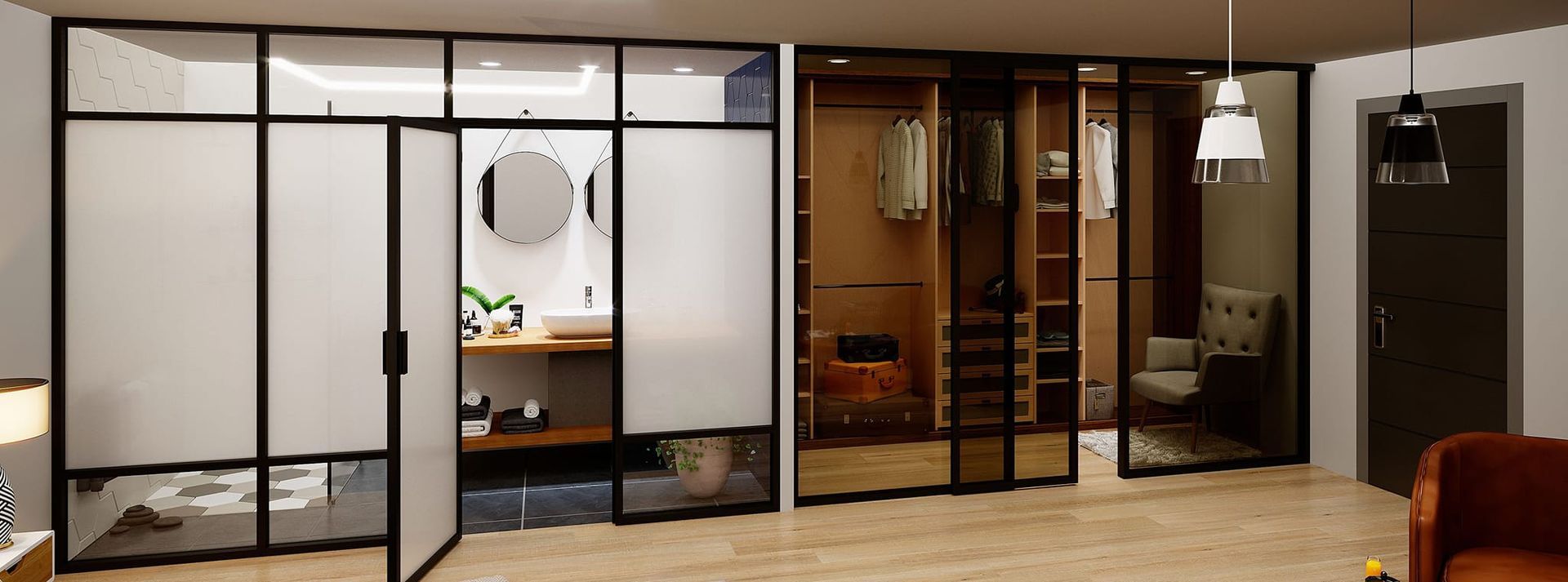 Une cloison vitrée de type verrière sépare la salle de bains et le dressing de la chambre à coucher.