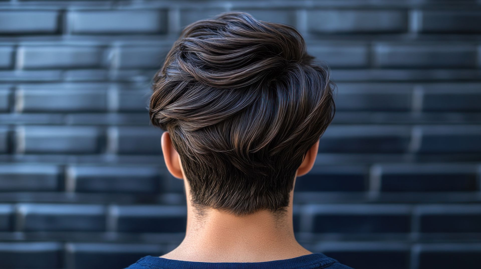 Dunkelhaarige Person, Rückenansicht, mit gestuftem und gestyltem Haar. Im Hintergrund ist eine dunkle Backsteinmauer zu sehen.
