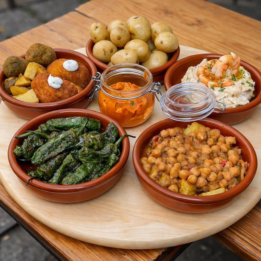 Plato de tapas: varios platos españoles en cuencos pequeños sobre una tabla de madera. Incluye patatas, garbanzos y gambas.