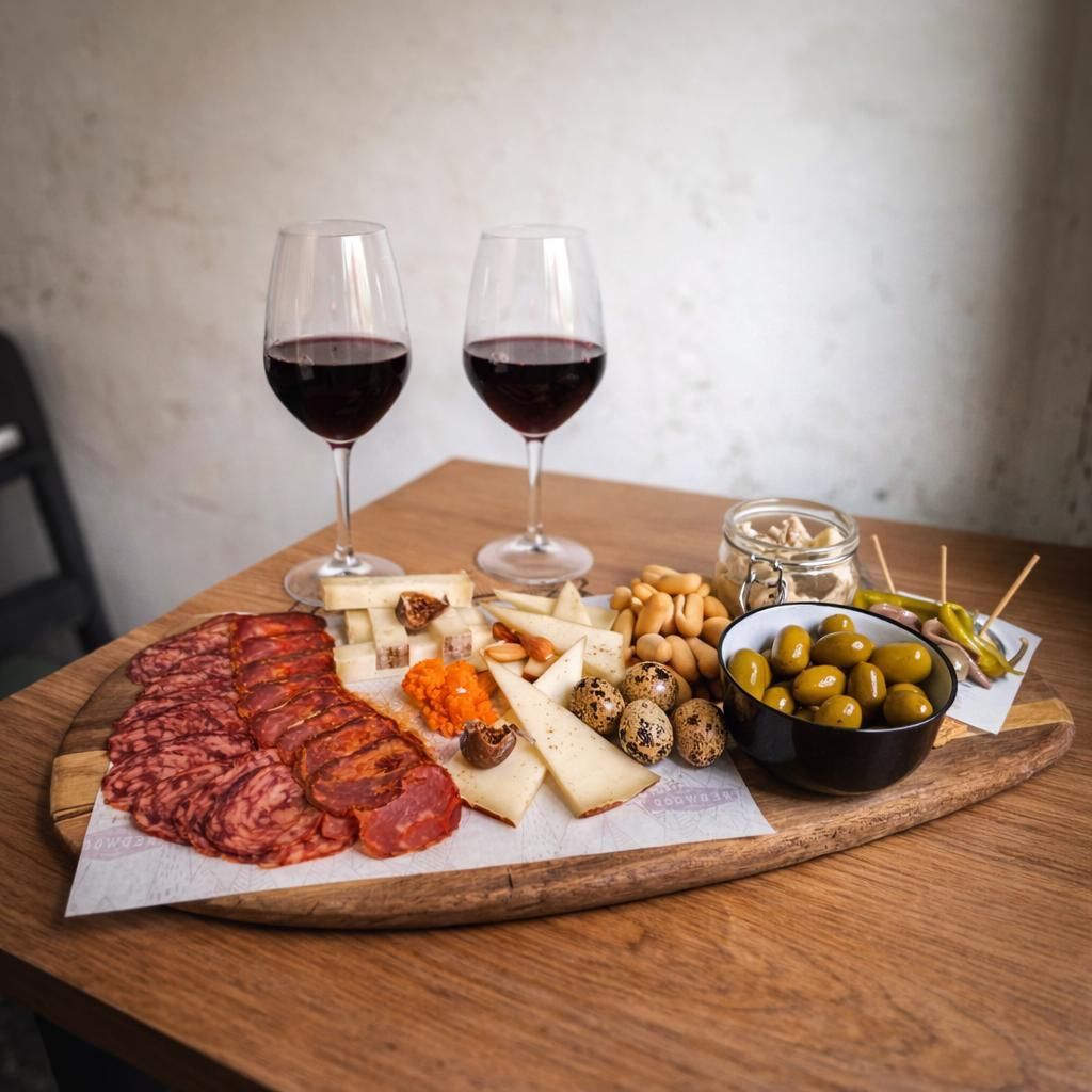 Tabla de embutidos con copas de vino tinto. Incluye chorizo, queso, aceitunas, frutos secos y galletas sobre una mesa de madera.