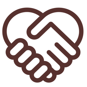 Contorno marrón de dos manos unidas en un apretón de manos, con forma de corazón, que simboliza asociación y buena voluntad.