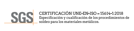 Logotipo de certificación SGS para soldadura de materiales metálicos, incluye texto en español.