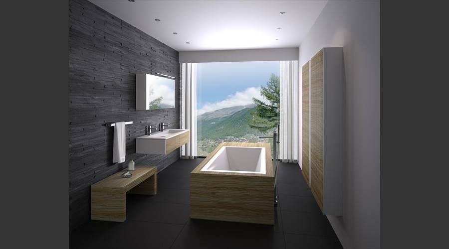 Une salle de bains avec une grande fenêtre.