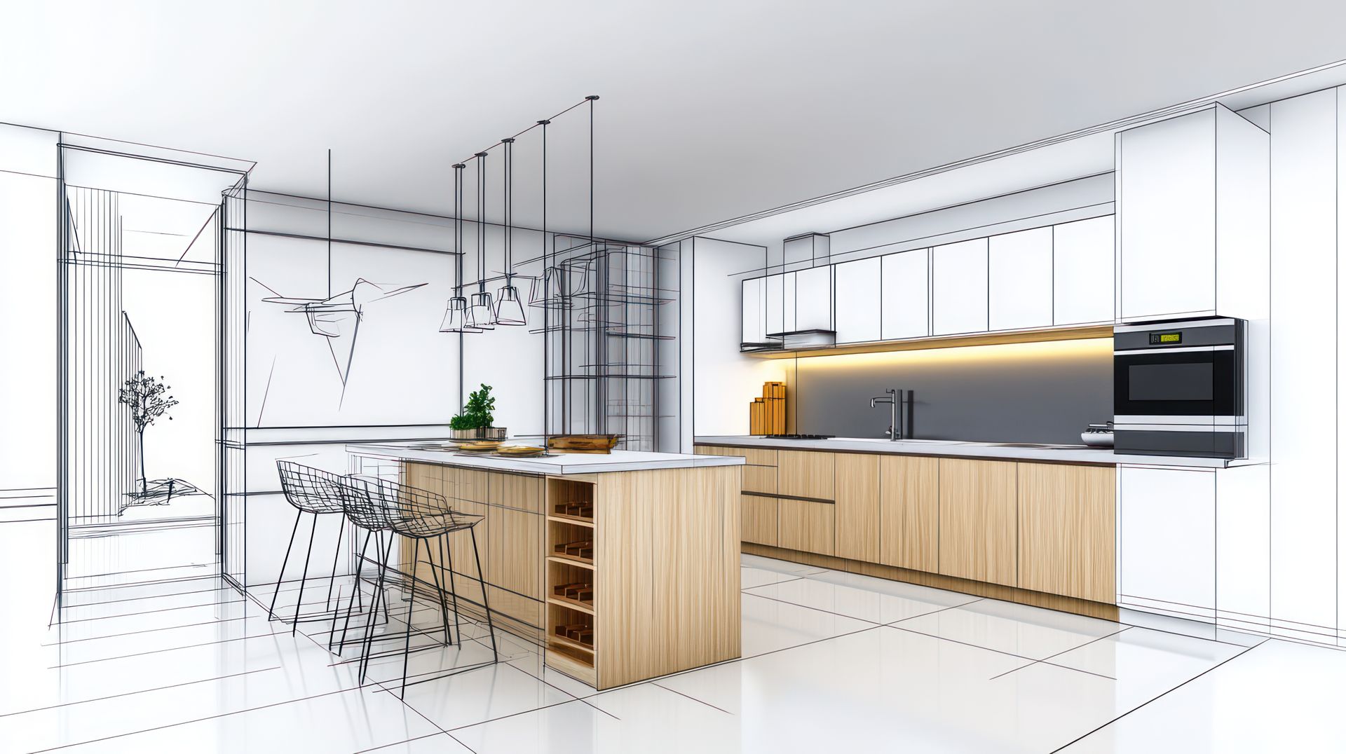 Une cuisine avec des lampes suspendues.