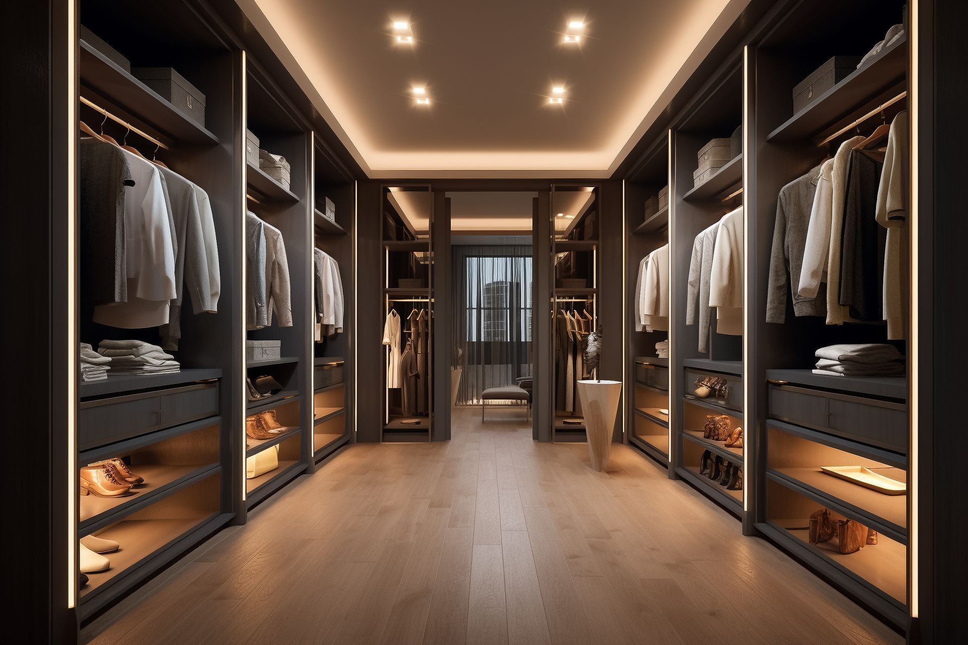 Un dressing avec des lumières au plafond.