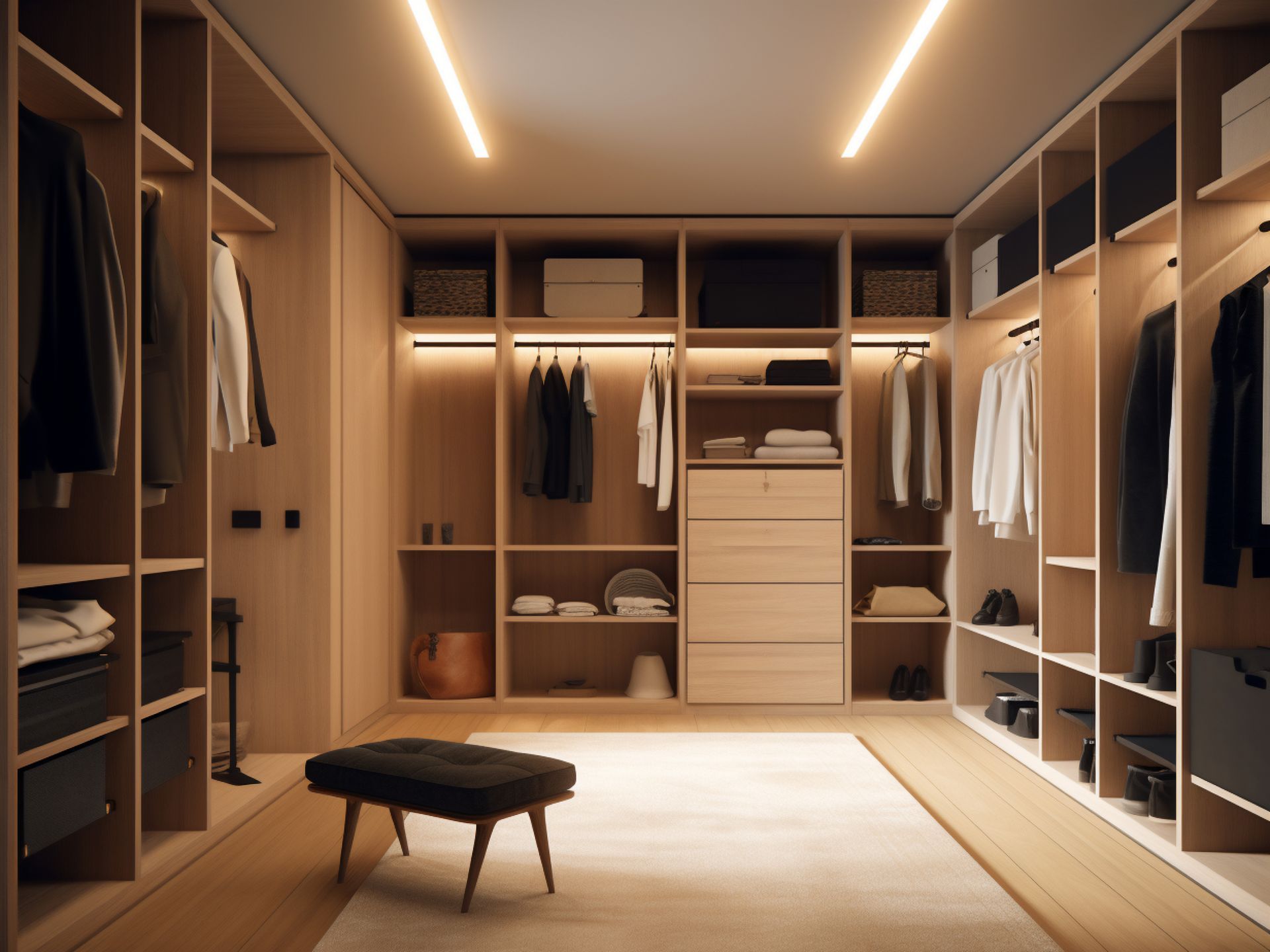 Un dressing avec un tabouret.