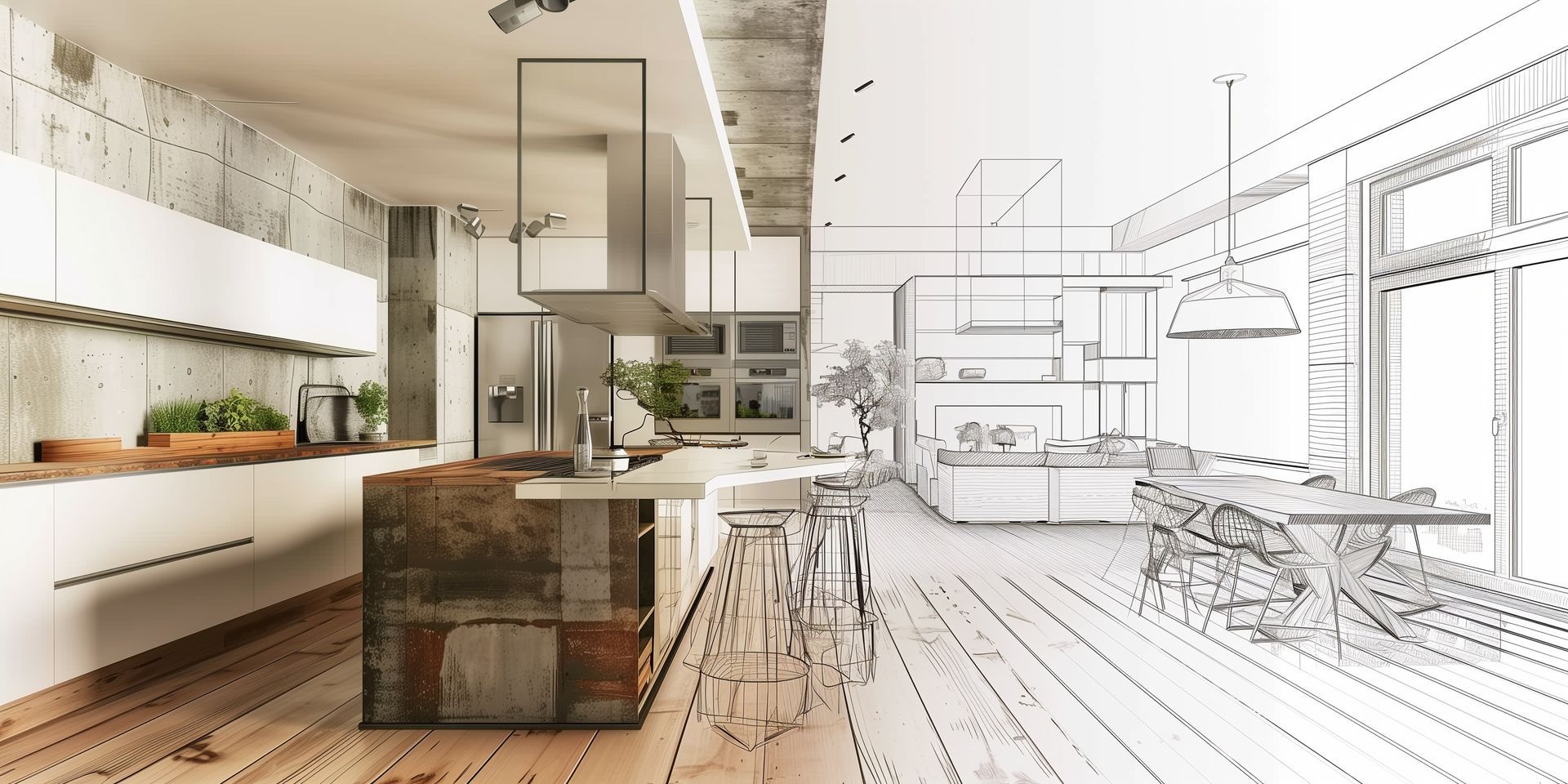 Un plan de cuisine avec des tabourets.