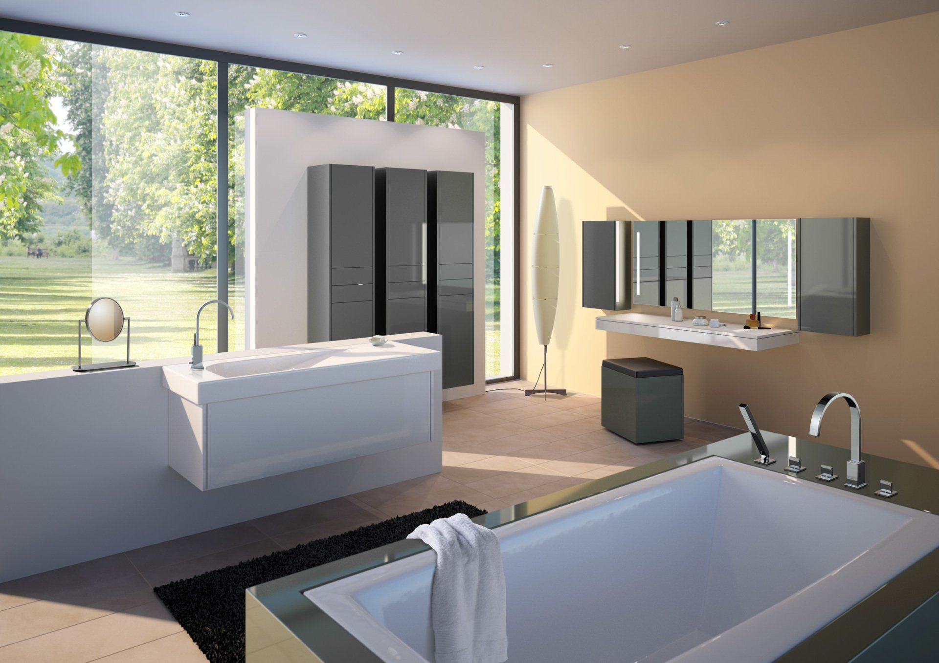 Une salle de bains avec une baie vitrée.