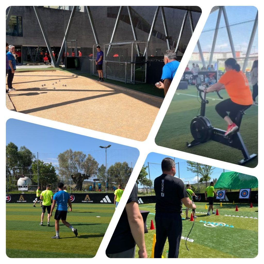 Activités sportives : pétanque, vélo d'appartement, football et tir à l'arc. Des personnes dans divers environnements extérieurs.