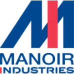Logo bleu et rouge pour MANOIR INDUSTRIES : « MI » stylisé avec une bande rouge, « MANOIR » en dessous et « INDUSTRIES » en rouge.