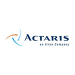 Logo pour Actaris, une société Itron : graphique tourbillonnant bleu et orange à côté du nom de la société.