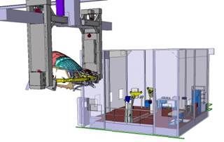Un grand bras de robot industriel et sa zone de travail fermée.