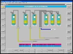 Écran SCADA avec 5 réservoirs ; détails bleus, jaunes et violets. Surveillance des équipements dans une usine de transformation.
