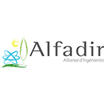 Logo d'Alfadin, une alliance d'ingénierie, comportant des symboles de la science et de la nature.