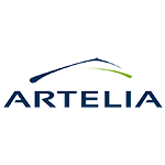 Logo Artelia : texte bleu foncé sous lignes courbes, bleu clair à vert.