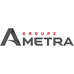 Logo du Groupe Metra : « A » gris foncé avec le nom « METRA » en gris foncé en dessous ; « GROUPE » en rouge au dessus.