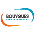 Logo Bouygues Energies & Services : texte dans un cadre incurvé orange et bleu.