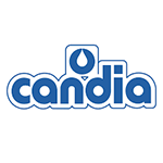 Logo Candia : mot-symbole bleu avec une goutte dans une boîte bleue et blanche.
