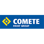 Logo rectangulaire bleu : COMETE, avec un losange stylisé jaune et bleu. « GROUPE FAYAT » en dessous.