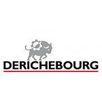 Logo Derichebourg : bison gris avec engrenage, texte noir, ligne rouge.