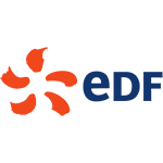 Logo EDF : forme de fleur orange, texte 