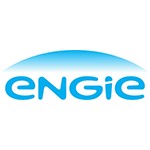 Logo Engie : Mot-symbole bleu clair sous un dégradé bleu incurvé.