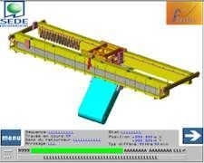 Pont roulant avec charge bleue, cadre jaune et commandes interactives.