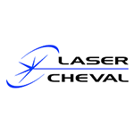 Logo pour Laser Cheval : arcs bleus et étoile sur les textes « LASER » et « CHEVAL ».
